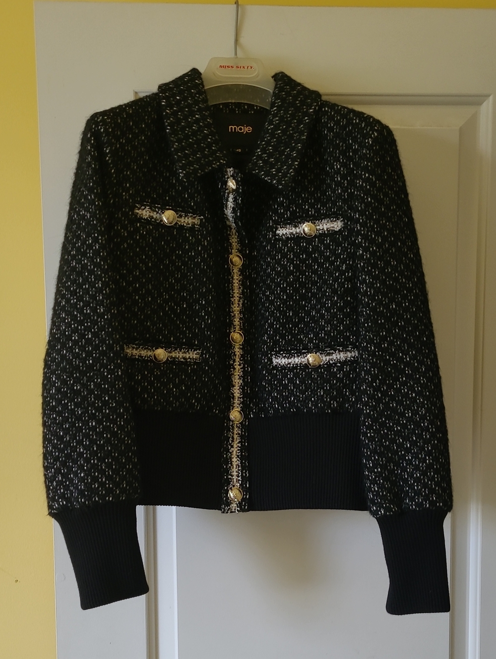 Maje Black Tweed Cropped Jacket with Gold-Tone Buttons BARELY WORN